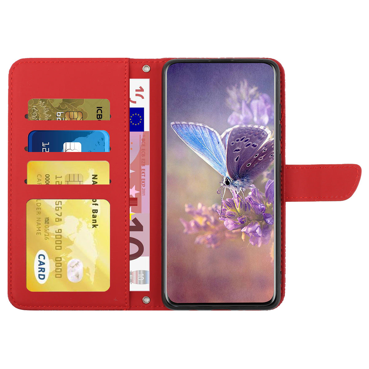 HT03 Phone Case for Sony Xperia 1 V Stand Wallet PU Leather Butterfly Flowers Imprinted Cover with Shoulder Strap