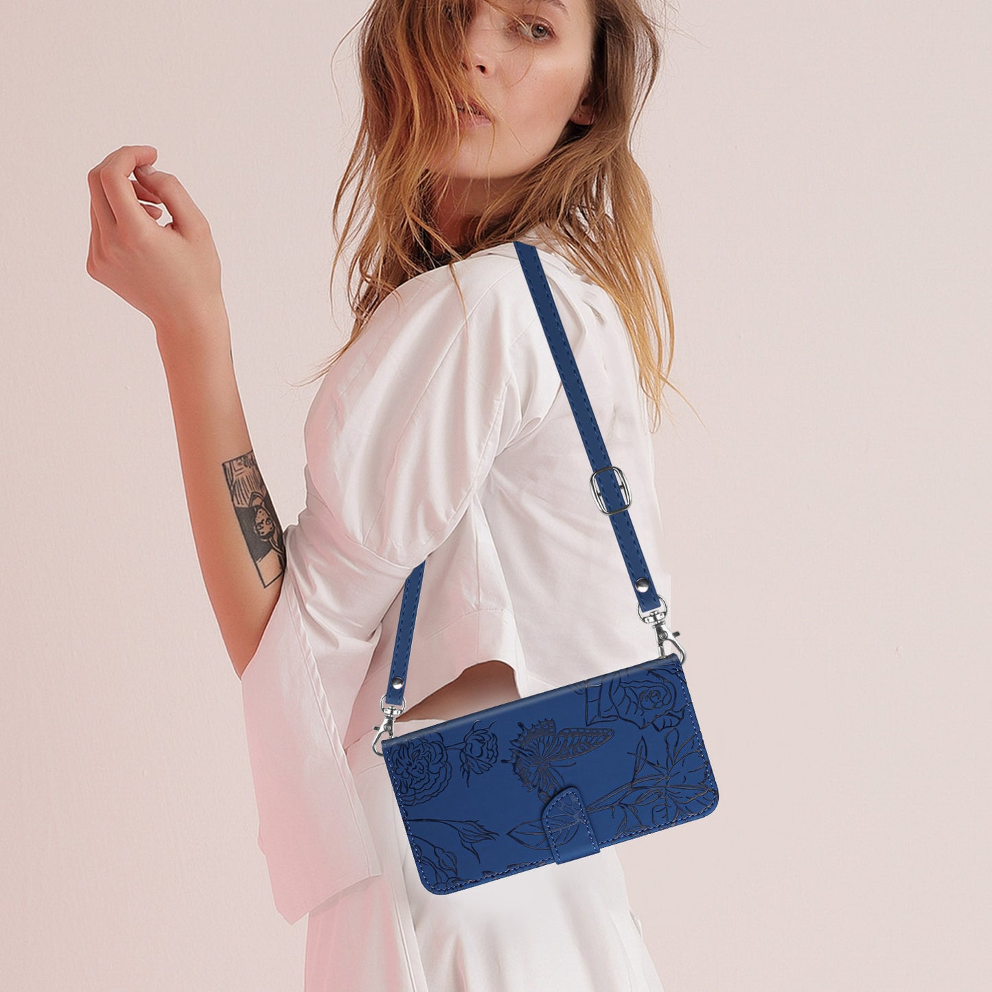 HT03 Phone Case for Sony Xperia 1 V Stand Wallet PU Leather Butterfly Flowers Imprinted Cover with Shoulder Strap