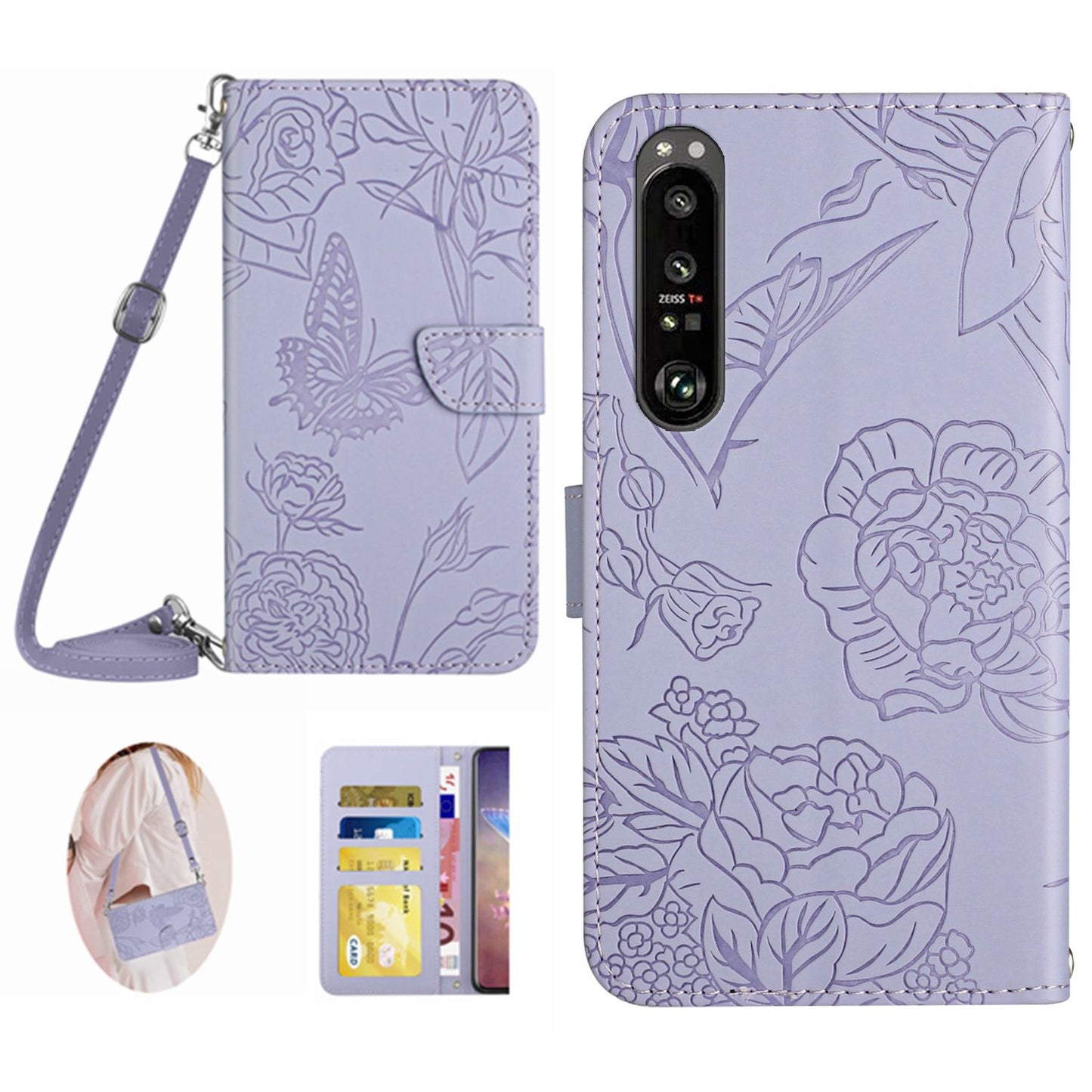 HT03 Phone Case for Sony Xperia 1 V Stand Wallet PU Leather Butterfly Flowers Imprinted Cover with Shoulder Strap