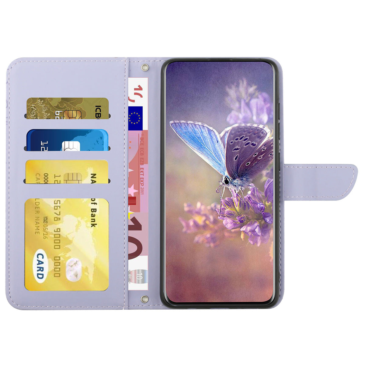 HT03 Phone Case for Sony Xperia 1 V Stand Wallet PU Leather Butterfly Flowers Imprinted Cover with Shoulder Strap
