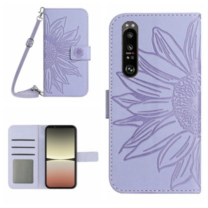 HT04 For Sony Xperia 1 V Sunflower Pattern Phone Case PU Leather Stand Wallet Cover with Shoulder Strap