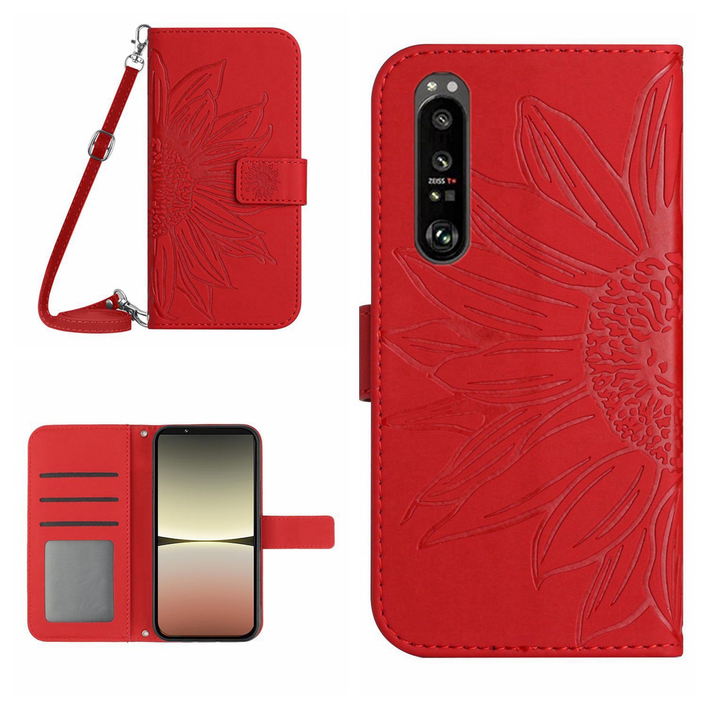 HT04 For Sony Xperia 1 V Sunflower Pattern Phone Case PU Leather Stand Wallet Cover with Shoulder Strap