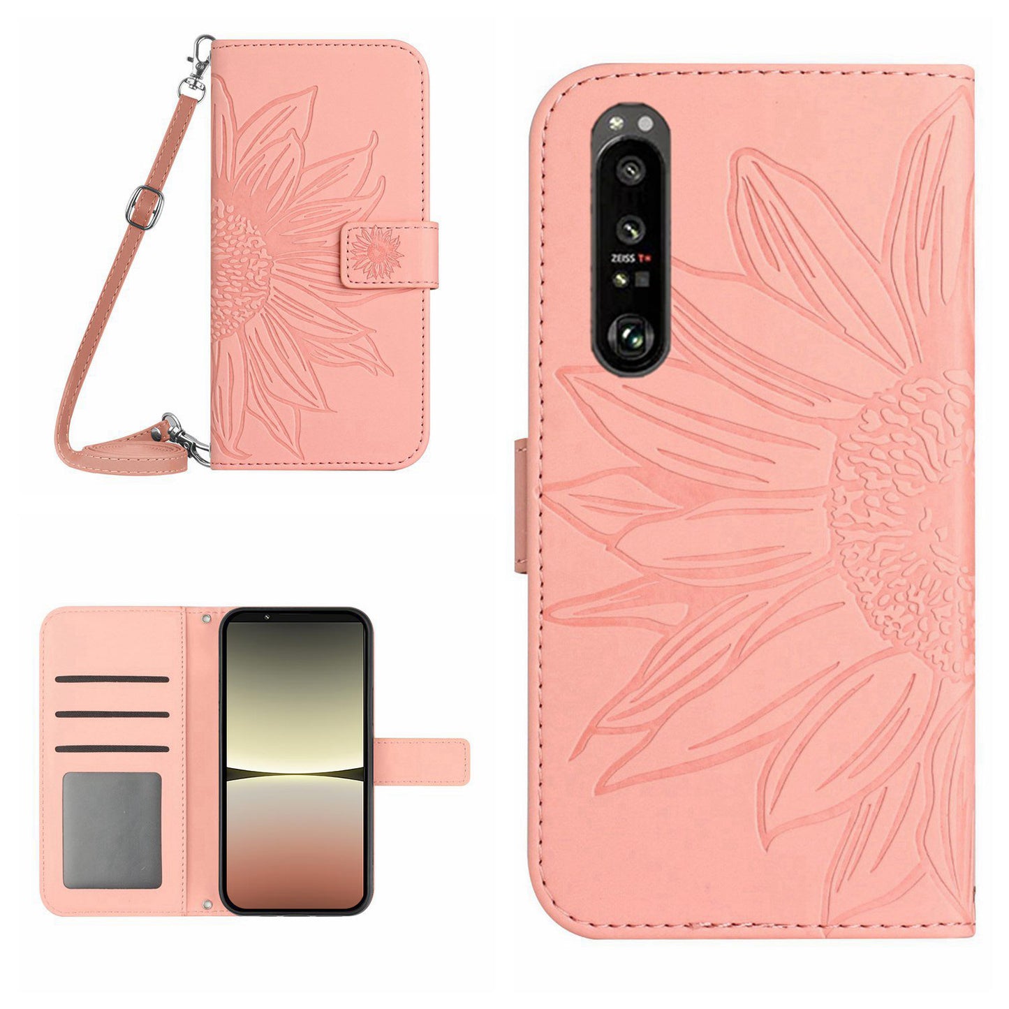 HT04 For Sony Xperia 1 V Sunflower Pattern Phone Case PU Leather Stand Wallet Cover with Shoulder Strap