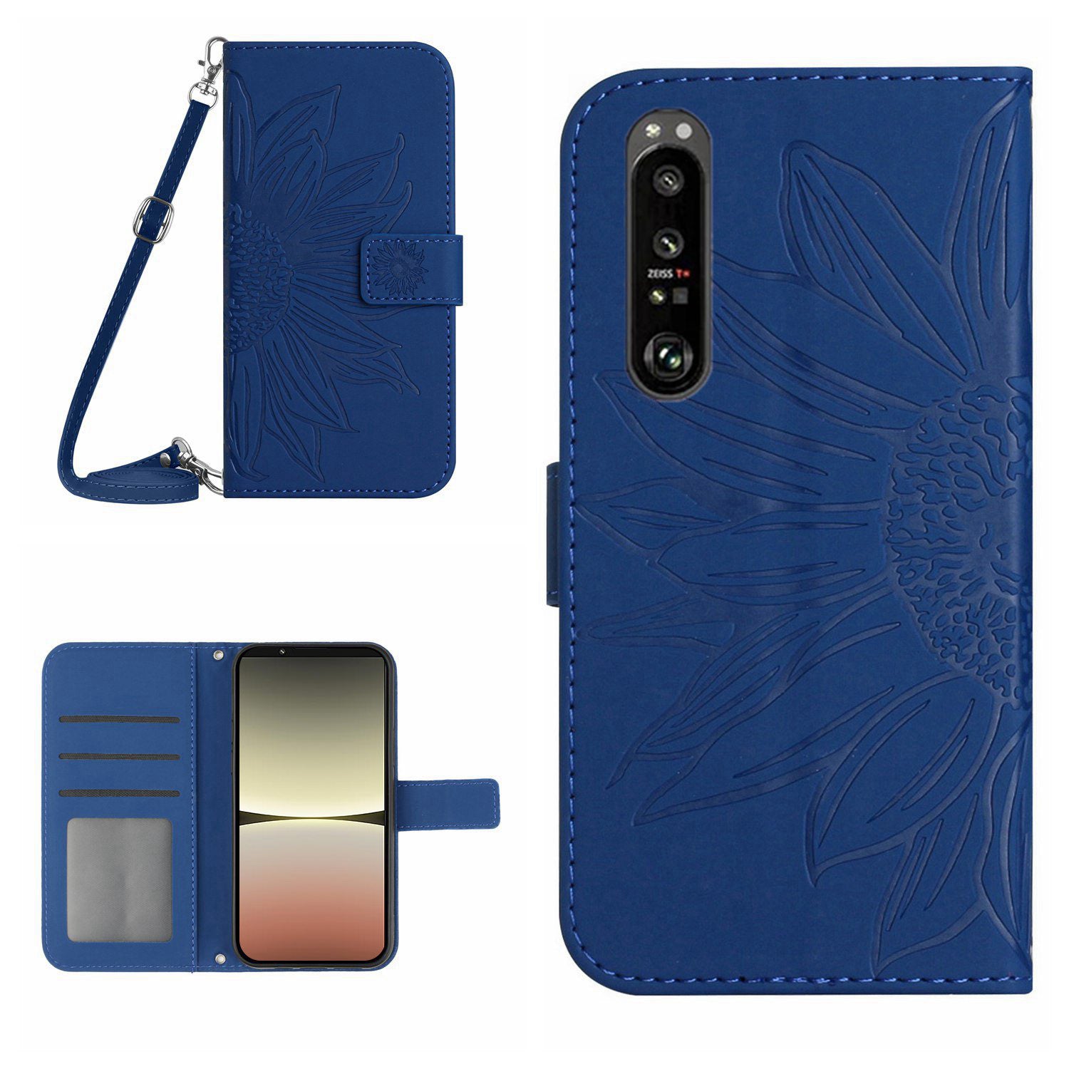 HT04 For Sony Xperia 1 V Sunflower Pattern Phone Case PU Leather Stand Wallet Cover with Shoulder Strap