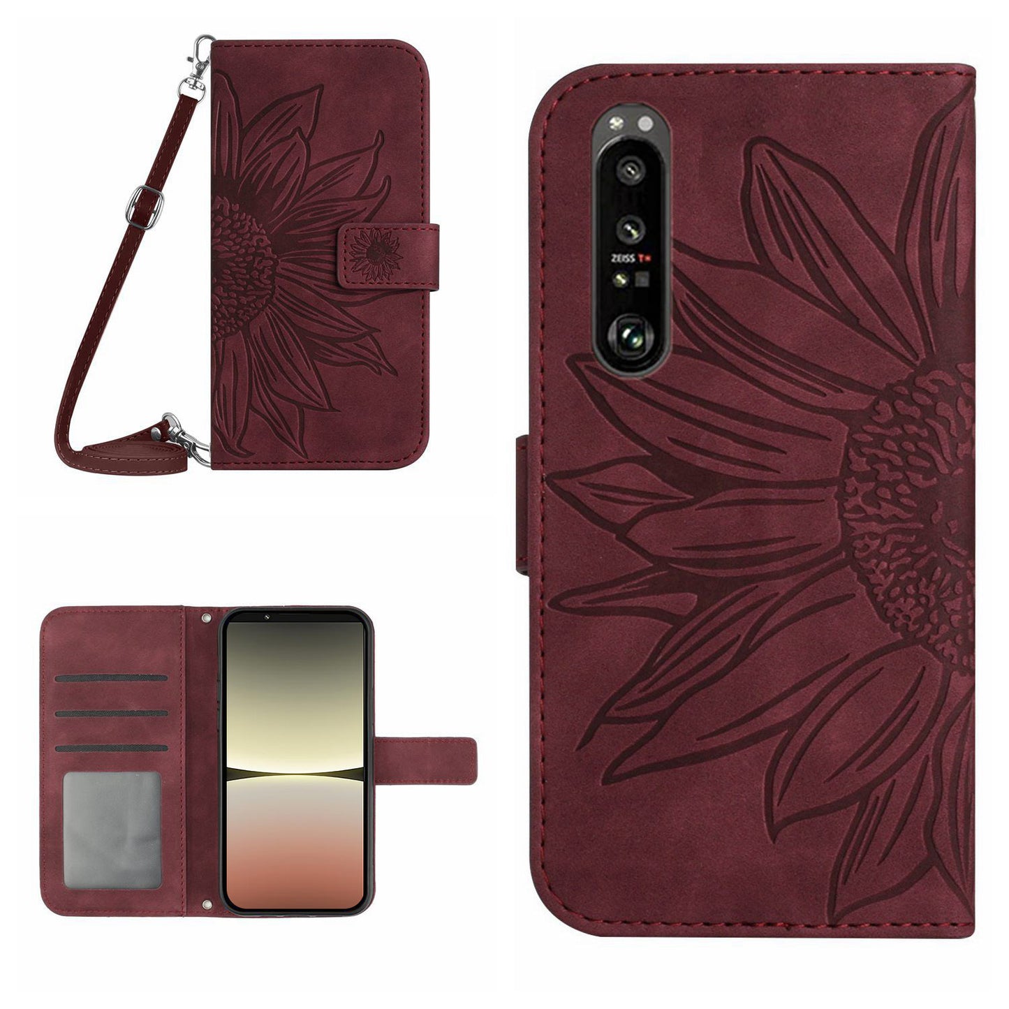 HT04 For Sony Xperia 1 V Sunflower Pattern Phone Case PU Leather Stand Wallet Cover with Shoulder Strap