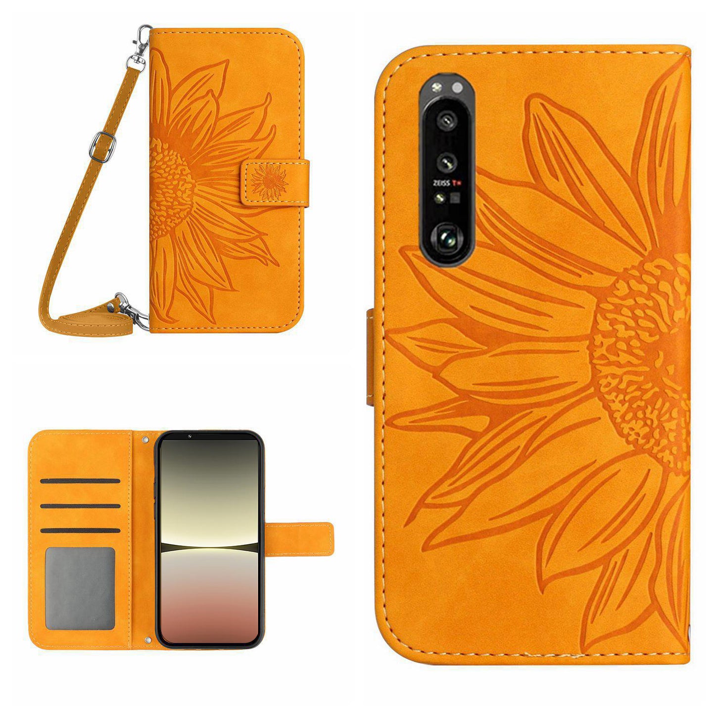 HT04 For Sony Xperia 1 V Sunflower Pattern Phone Case PU Leather Stand Wallet Cover with Shoulder Strap