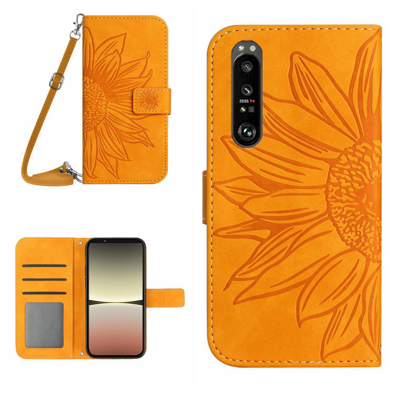 HT04 For Sony Xperia 1 V Sunflower Pattern Phone Case PU Leather Stand Wallet Cover with Shoulder Strap