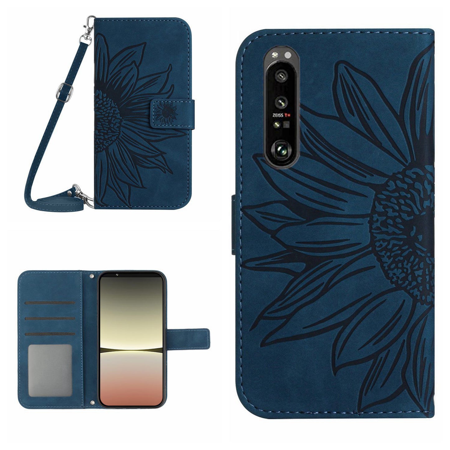 HT04 For Sony Xperia 1 V Sunflower Pattern Phone Case PU Leather Stand Wallet Cover with Shoulder Strap