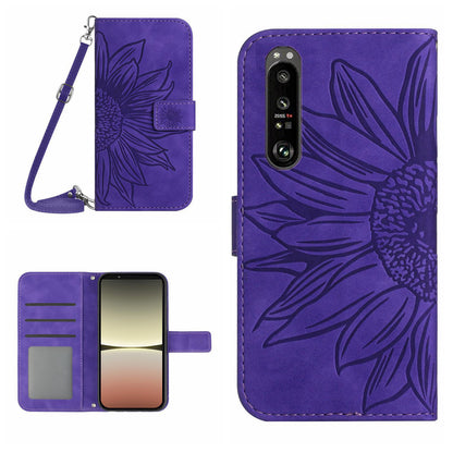 HT04 For Sony Xperia 1 V Sunflower Pattern Phone Case PU Leather Stand Wallet Cover with Shoulder Strap