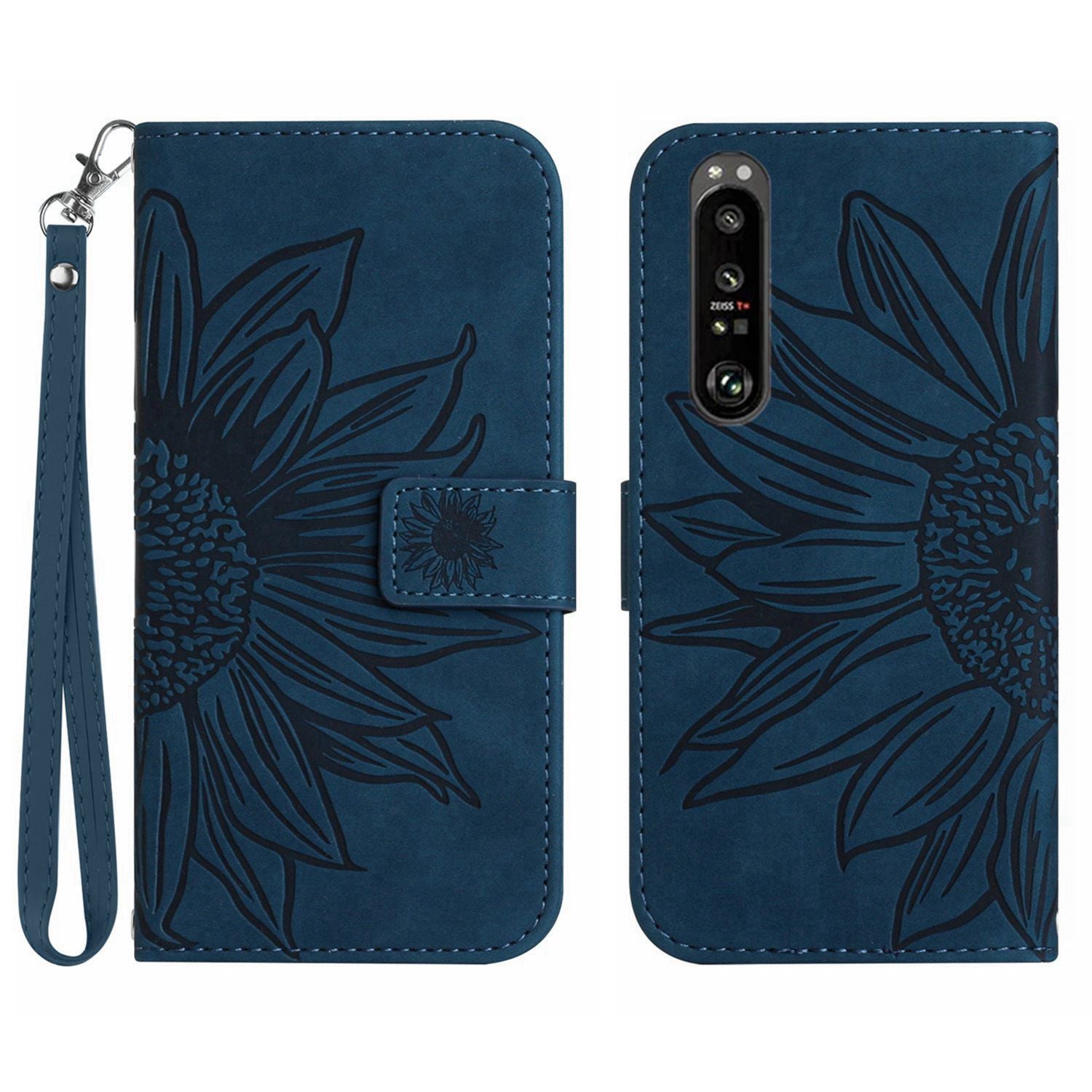 HT04 For Sony Xperia 1 V PU Leather Stand Phone Case Sunflower Pattern Wallet Shell with Hand Strap