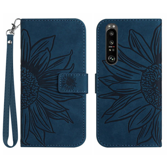 HT04 For Sony Xperia 1 V PU Leather Stand Phone Case Sunflower Pattern Wallet Shell with Hand Strap