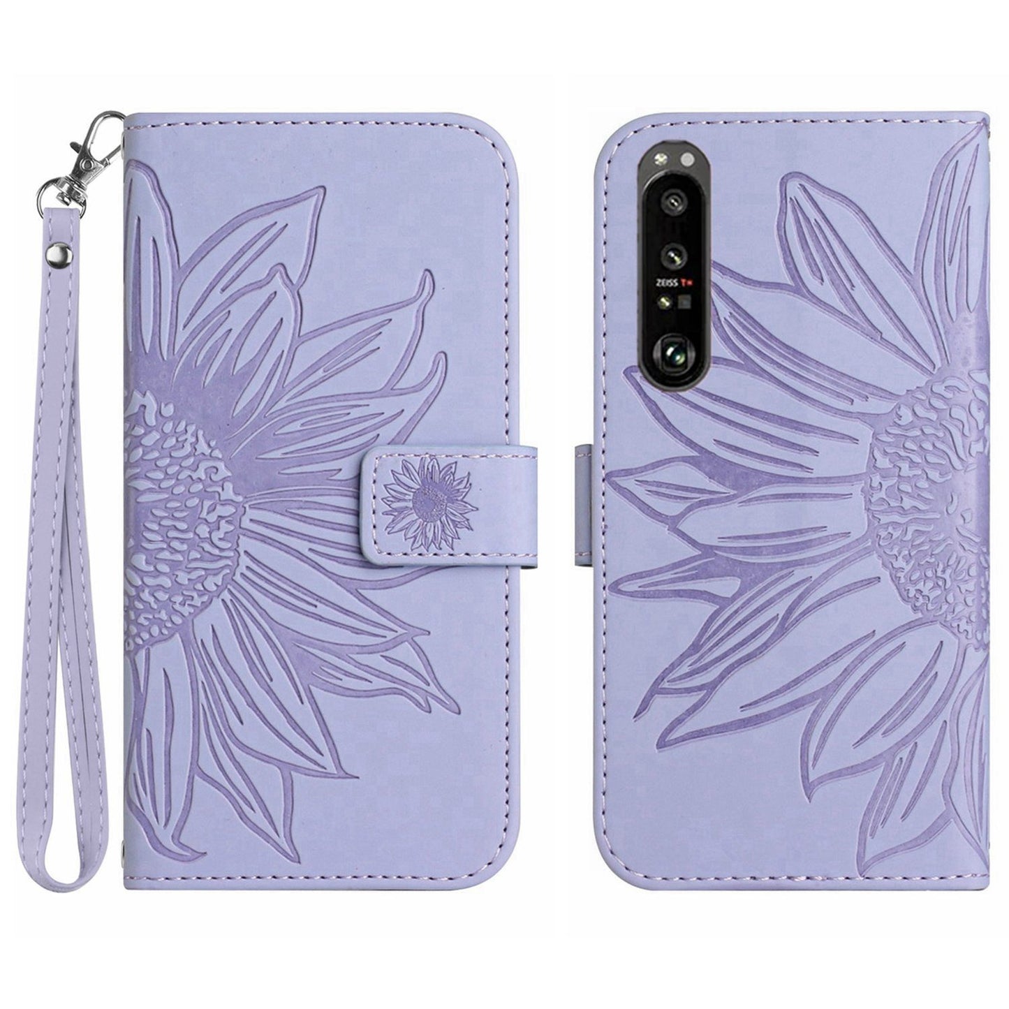 HT04 For Sony Xperia 1 V PU Leather Stand Phone Case Sunflower Pattern Wallet Shell with Hand Strap