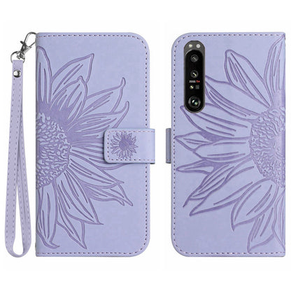 HT04 For Sony Xperia 1 V PU Leather Stand Phone Case Sunflower Pattern Wallet Shell with Hand Strap