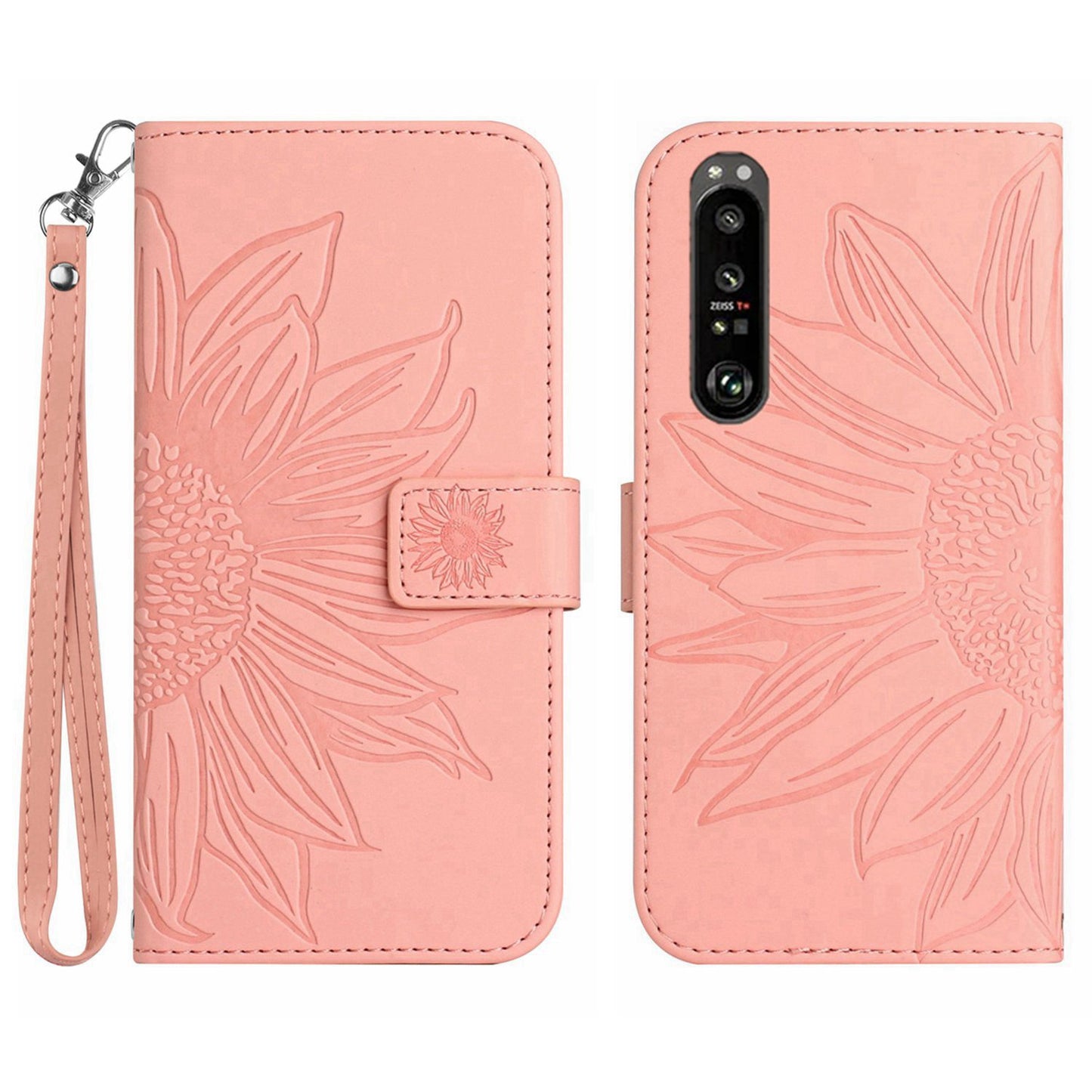 HT04 For Sony Xperia 1 V PU Leather Stand Phone Case Sunflower Pattern Wallet Shell with Hand Strap