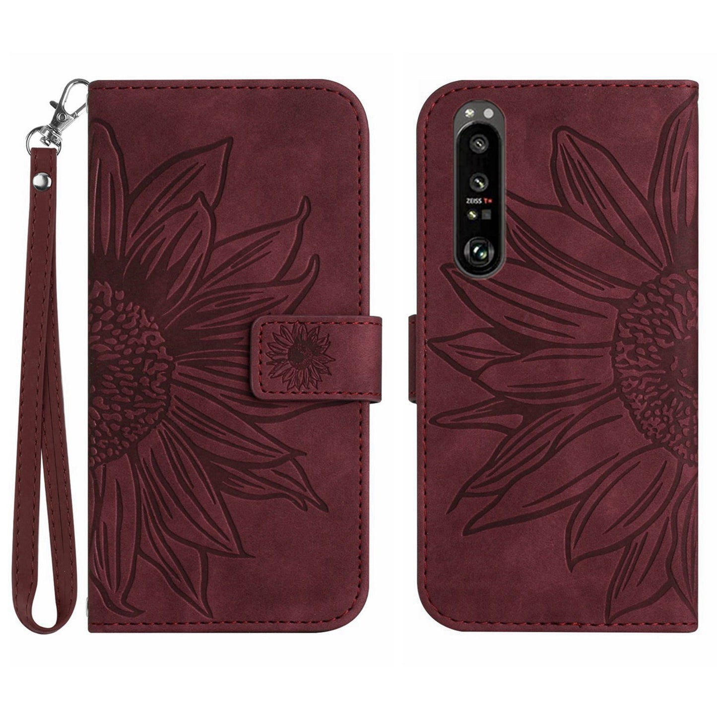 HT04 For Sony Xperia 1 V PU Leather Stand Phone Case Sunflower Pattern Wallet Shell with Hand Strap