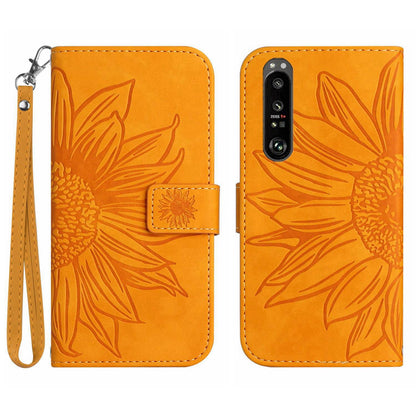 HT04 For Sony Xperia 1 V PU Leather Stand Phone Case Sunflower Pattern Wallet Shell with Hand Strap