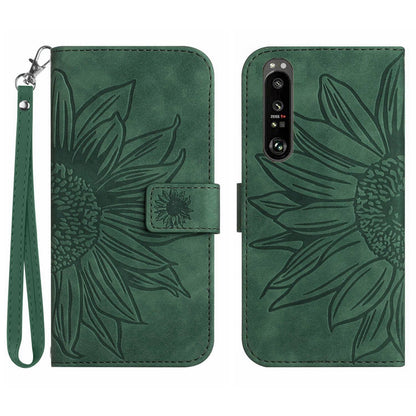 HT04 For Sony Xperia 1 V PU Leather Stand Phone Case Sunflower Pattern Wallet Shell with Hand Strap
