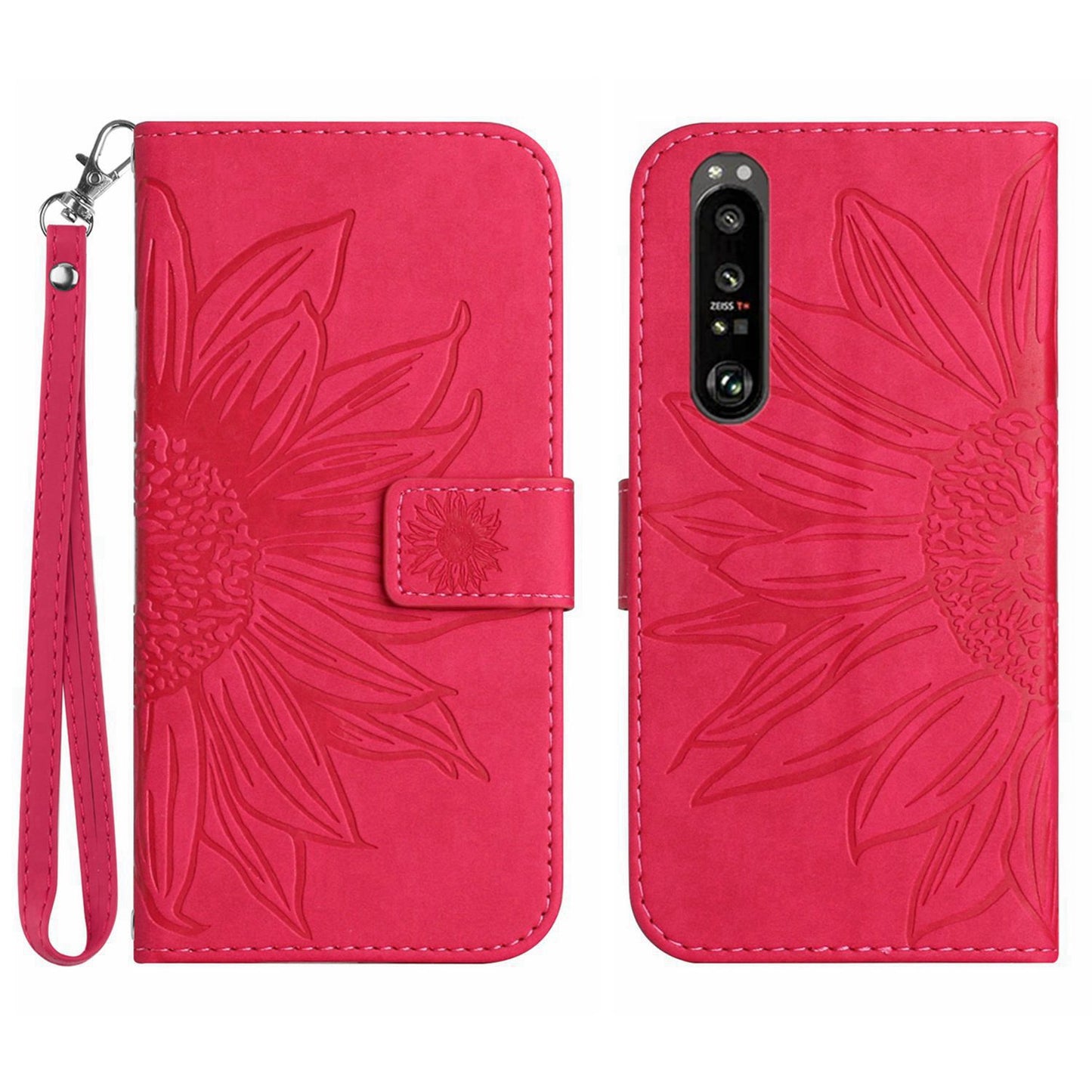 HT04 For Sony Xperia 1 V PU Leather Stand Phone Case Sunflower Pattern Wallet Shell with Hand Strap