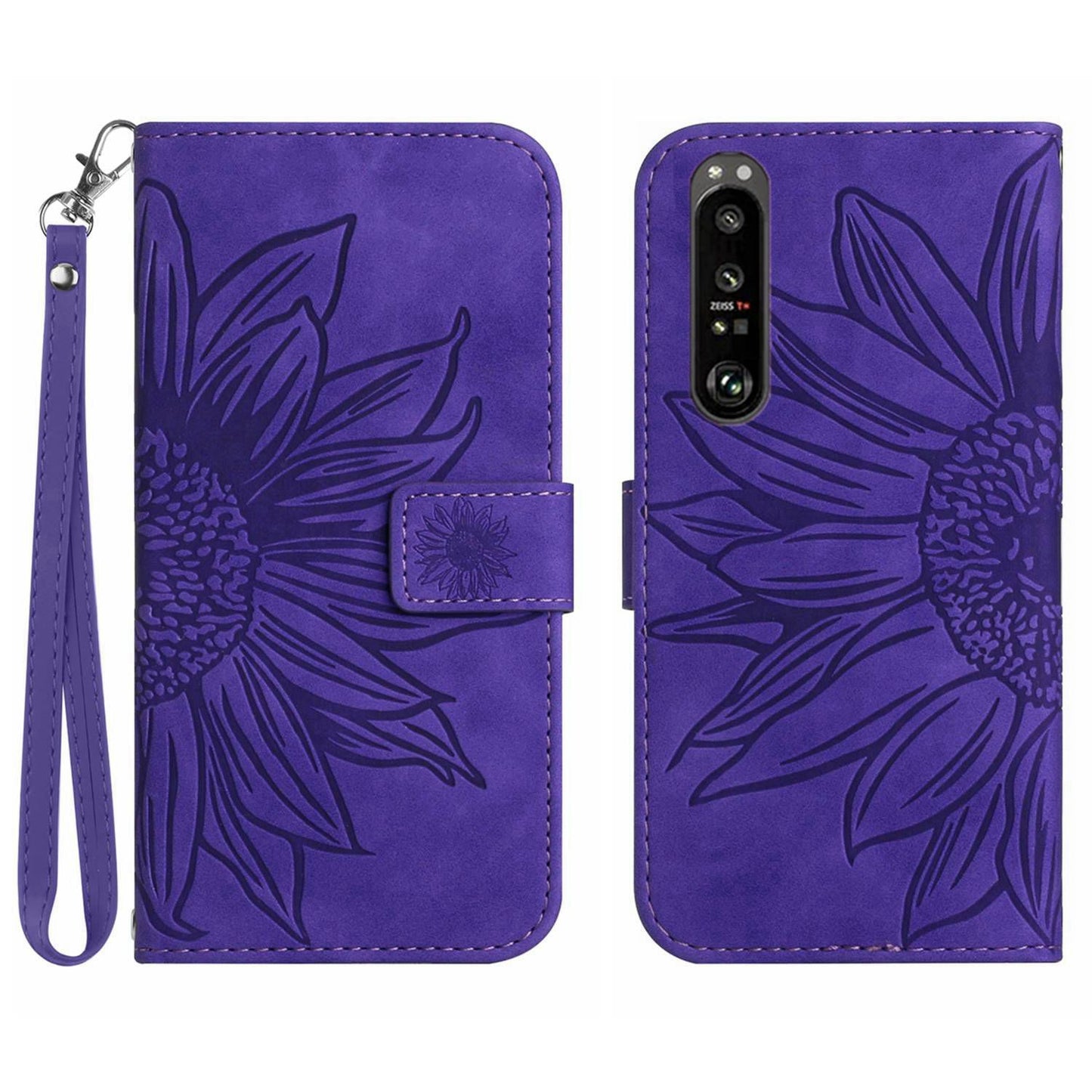 HT04 For Sony Xperia 1 V PU Leather Stand Phone Case Sunflower Pattern Wallet Shell with Hand Strap