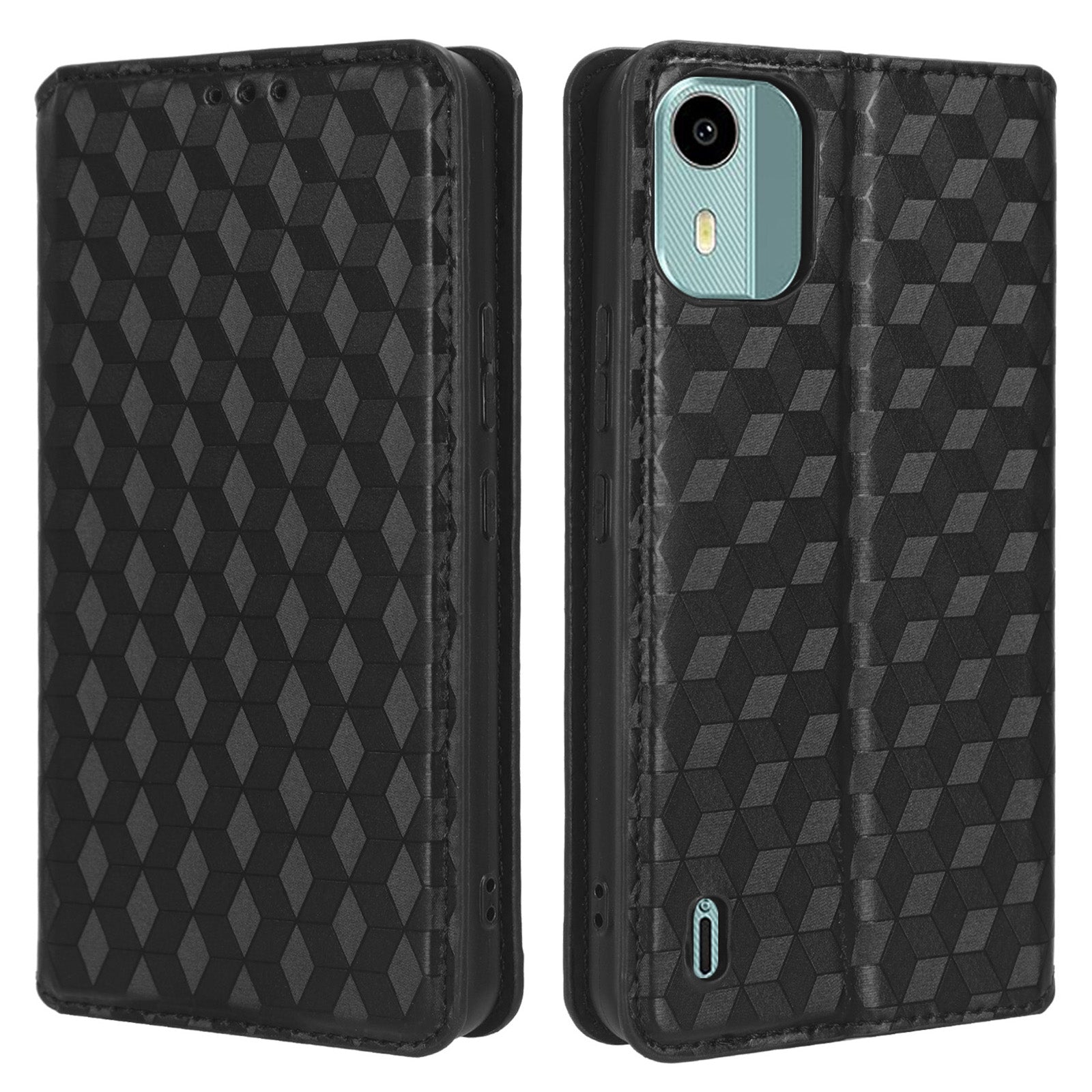 For Nokia C12 4G / C12 Pro / C12 Plus PU Leather Phone Case Rhombus Imprinted Wallet Stand Flip Cover