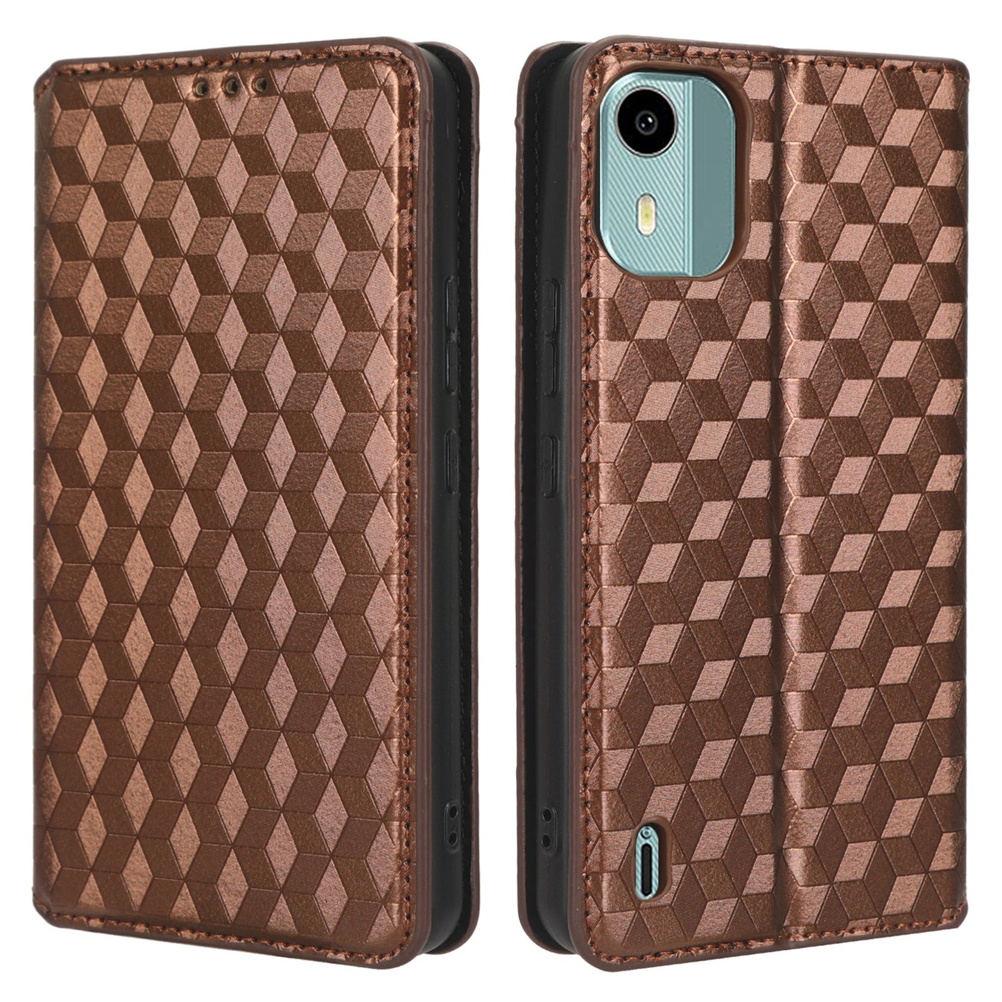 For Nokia C12 4G / C12 Pro / C12 Plus PU Leather Phone Case Rhombus Imprinted Wallet Stand Flip Cover