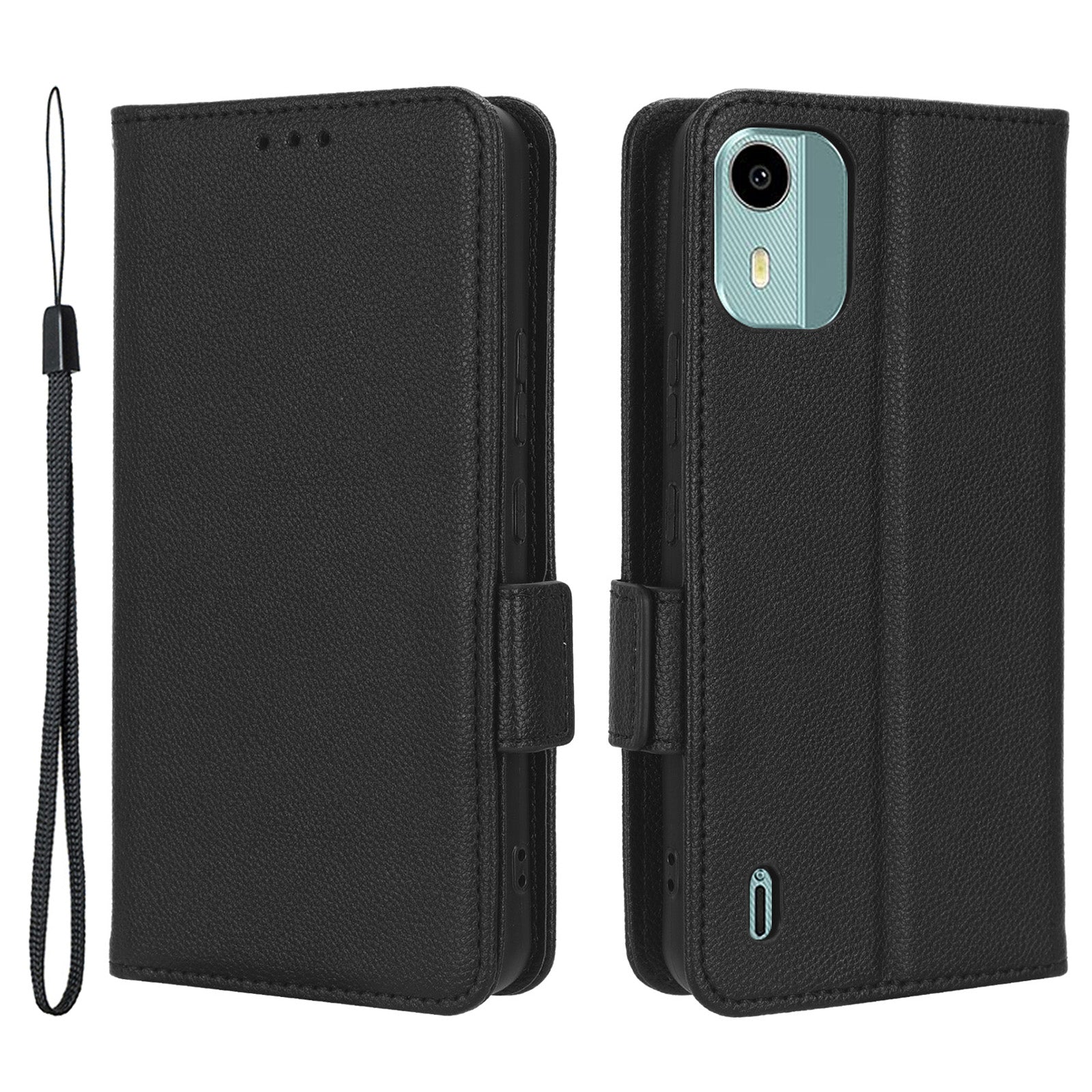 Wallet Case for Nokia C12 4G / C12 Pro / C12 Plus PU Leather Litchi Texture Flip Stand Phone Cover with Strap