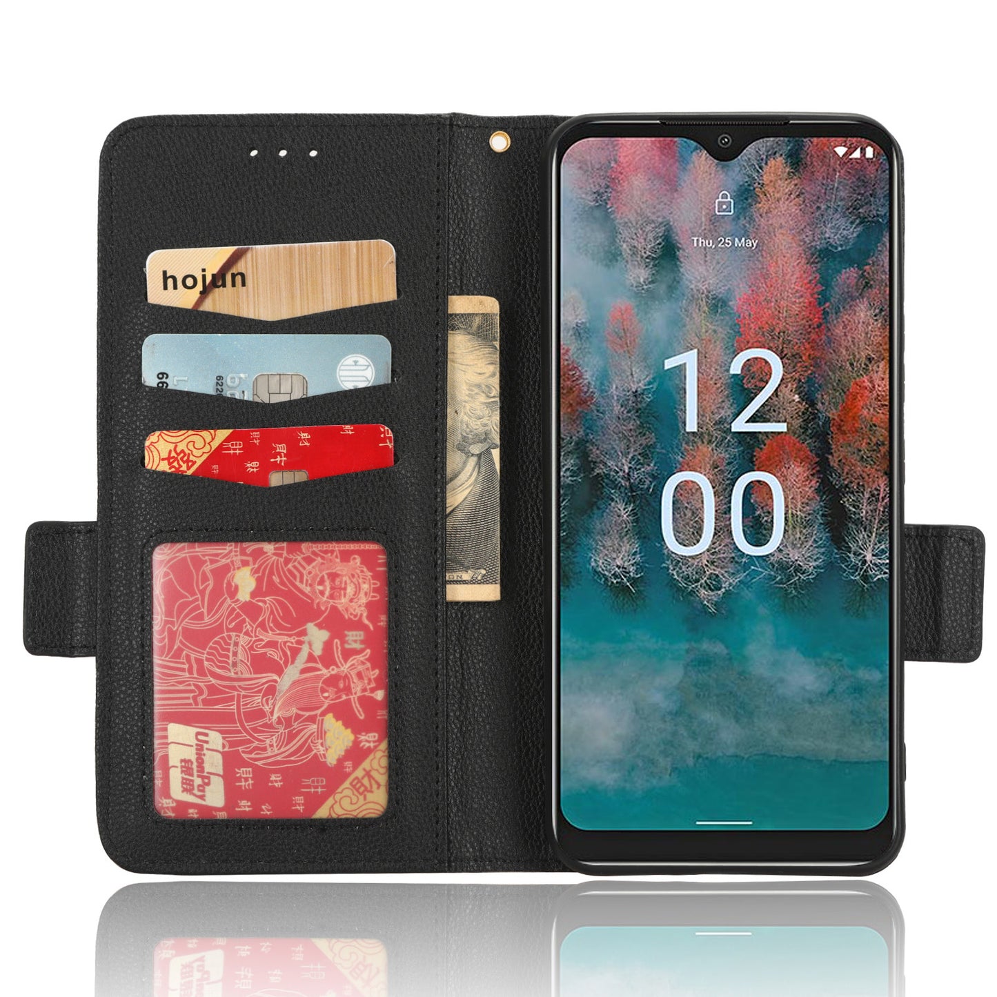 Wallet Case for Nokia C12 4G / C12 Pro / C12 Plus PU Leather Litchi Texture Flip Stand Phone Cover with Strap