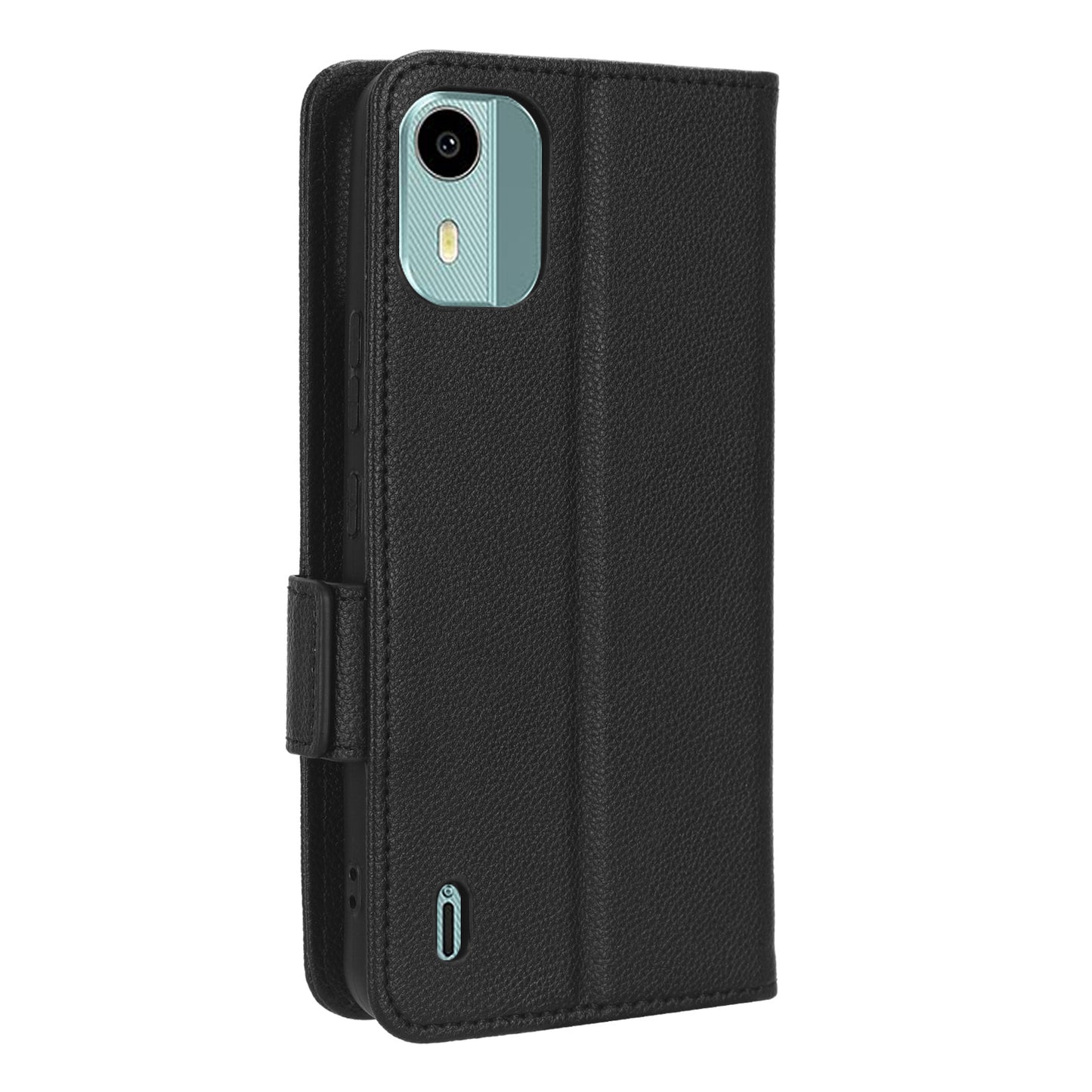 Wallet Case for Nokia C12 4G / C12 Pro / C12 Plus PU Leather Litchi Texture Flip Stand Phone Cover with Strap