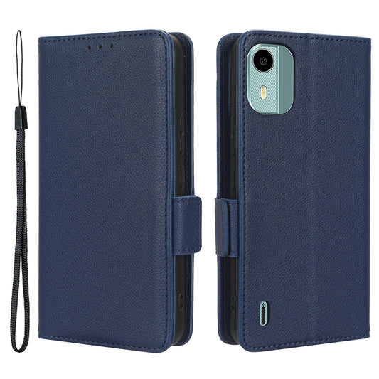 Wallet Case for Nokia C12 4G / C12 Pro / C12 Plus PU Leather Litchi Texture Flip Stand Phone Cover with Strap