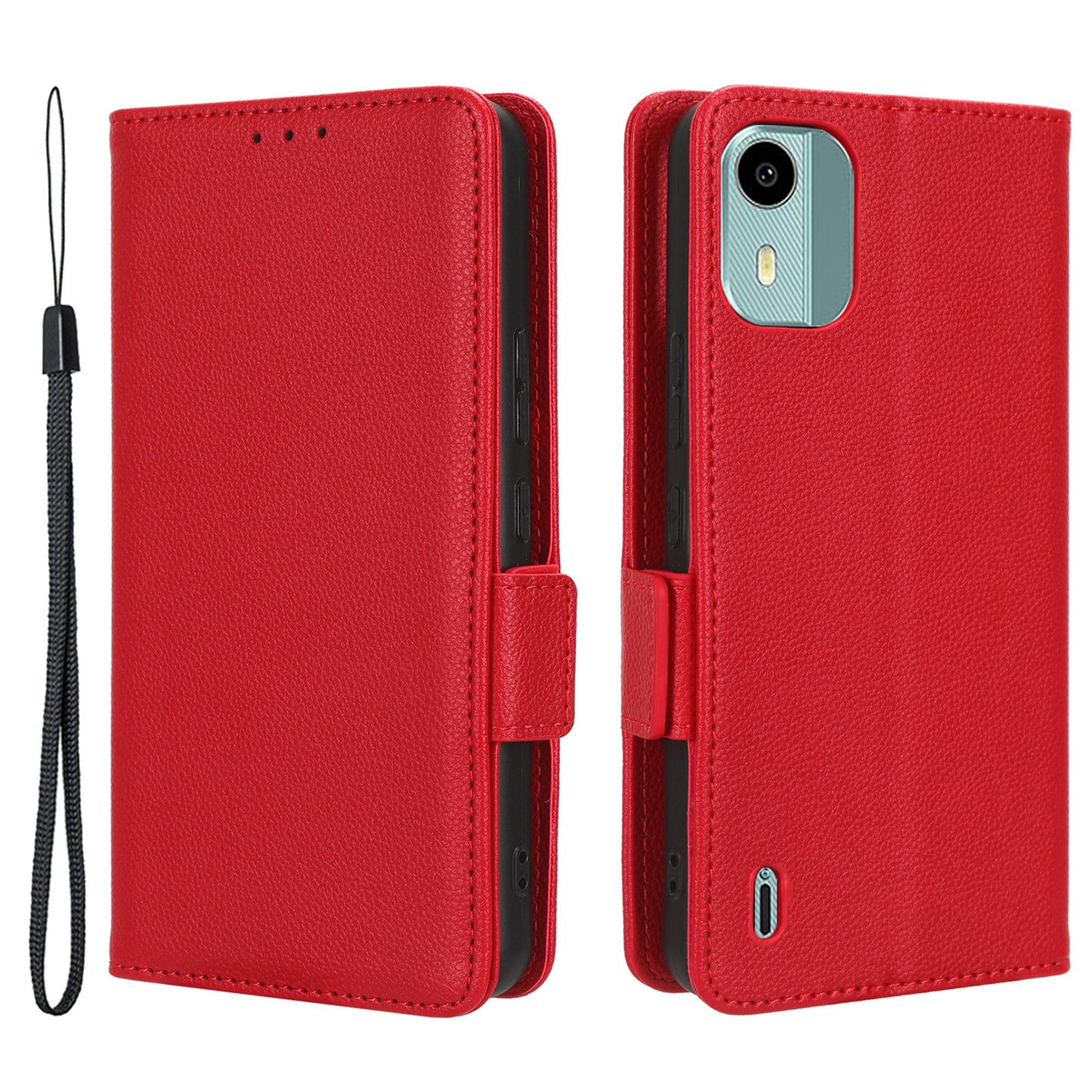 Wallet Case for Nokia C12 4G / C12 Pro / C12 Plus PU Leather Litchi Texture Flip Stand Phone Cover with Strap