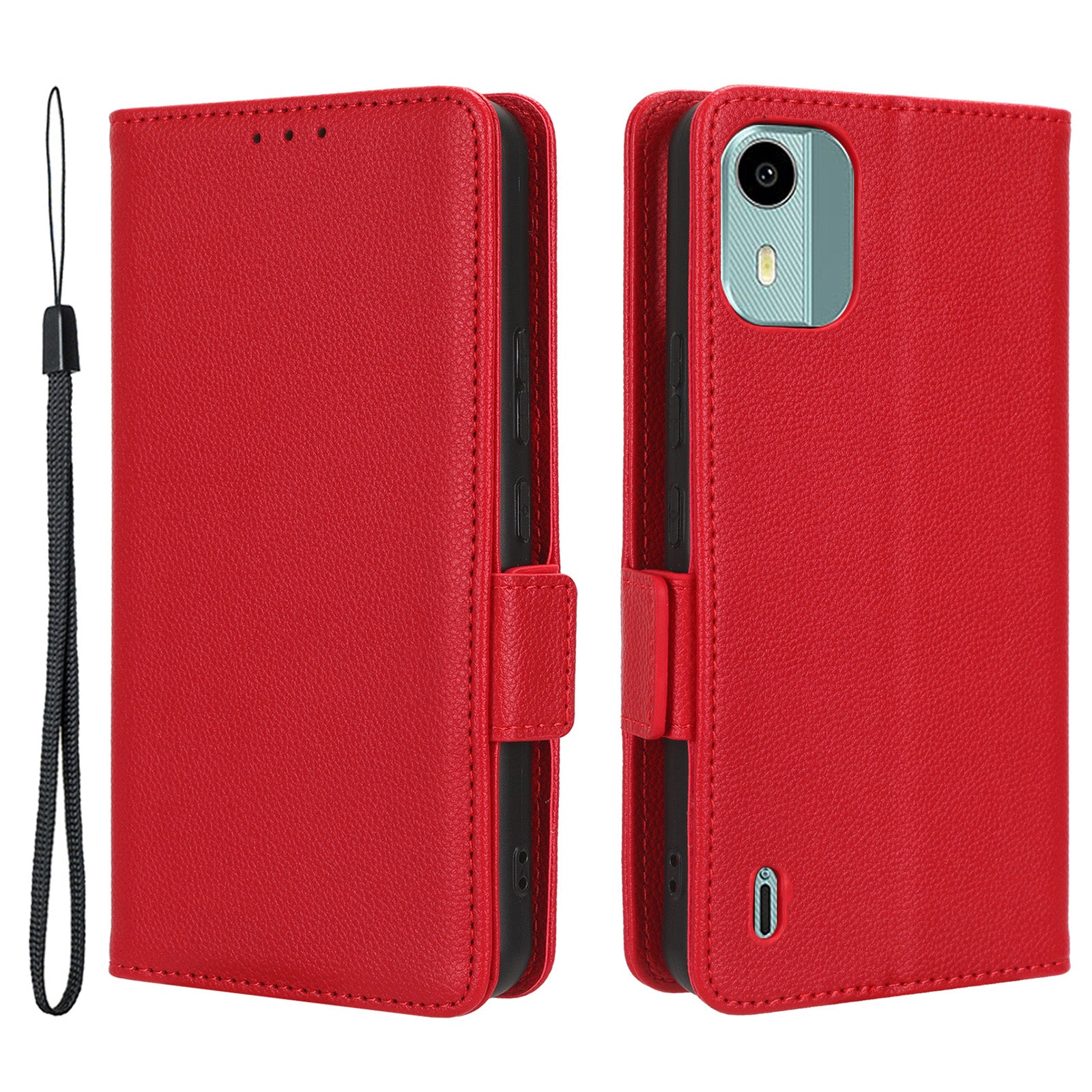 Wallet Case for Nokia C12 4G / C12 Pro / C12 Plus PU Leather Litchi Texture Flip Stand Phone Cover with Strap
