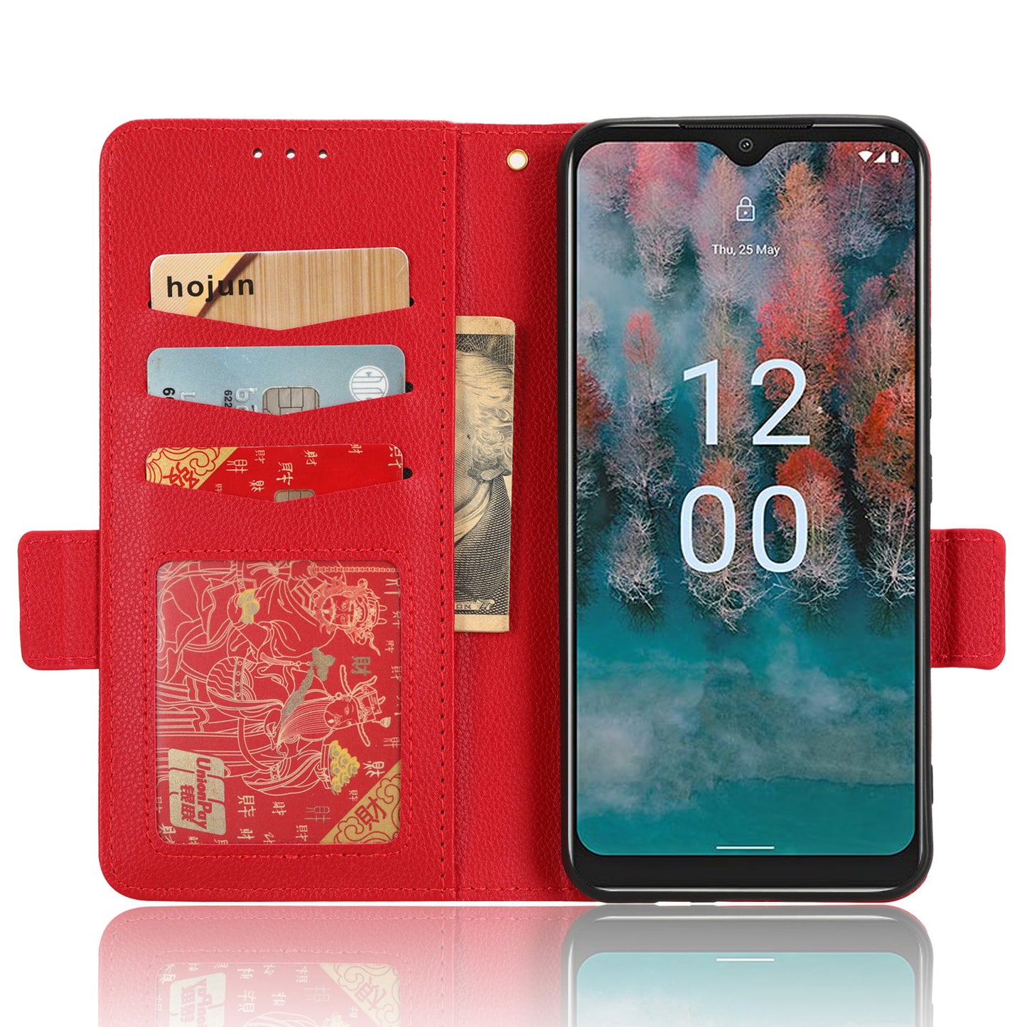 Wallet Case for Nokia C12 4G / C12 Pro / C12 Plus PU Leather Litchi Texture Flip Stand Phone Cover with Strap