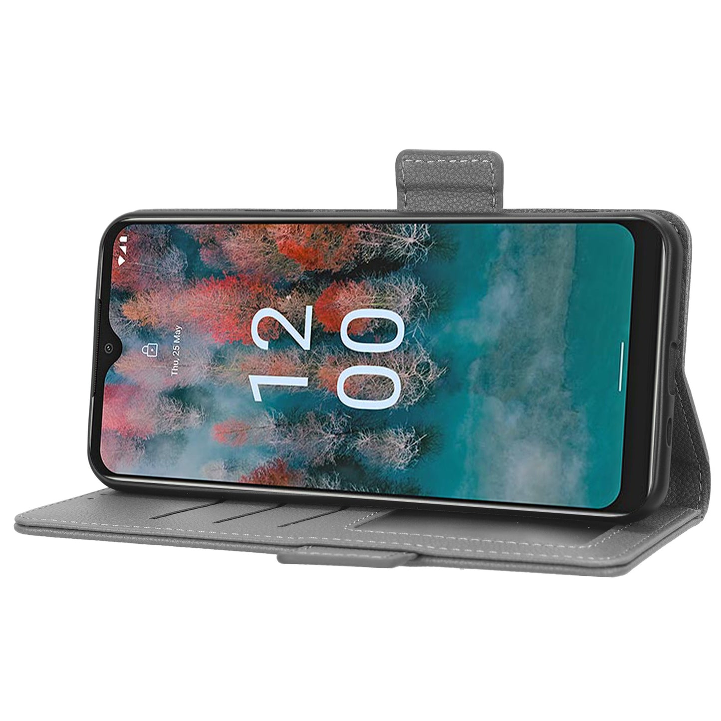 Wallet Case for Nokia C12 4G / C12 Pro / C12 Plus PU Leather Litchi Texture Flip Stand Phone Cover with Strap