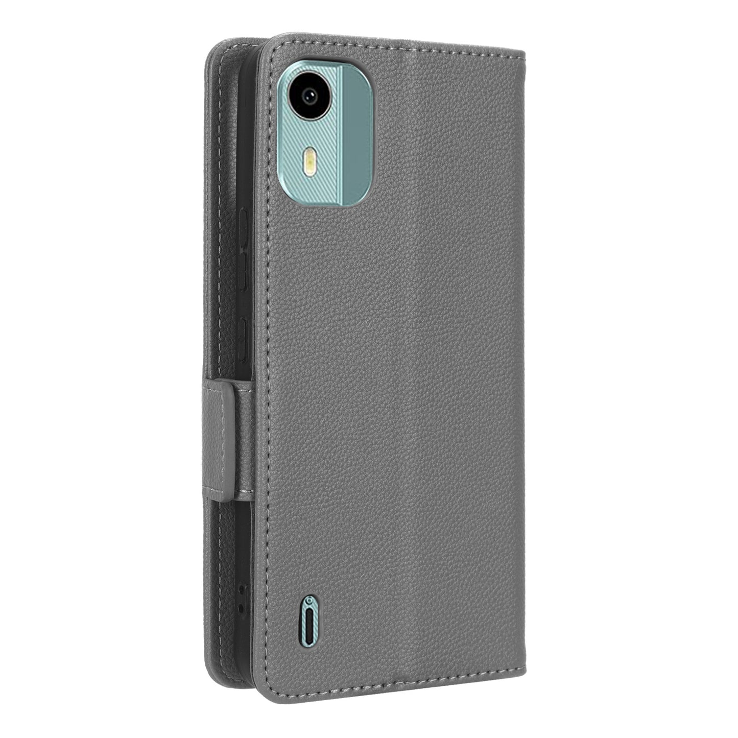 Wallet Case for Nokia C12 4G / C12 Pro / C12 Plus PU Leather Litchi Texture Flip Stand Phone Cover with Strap