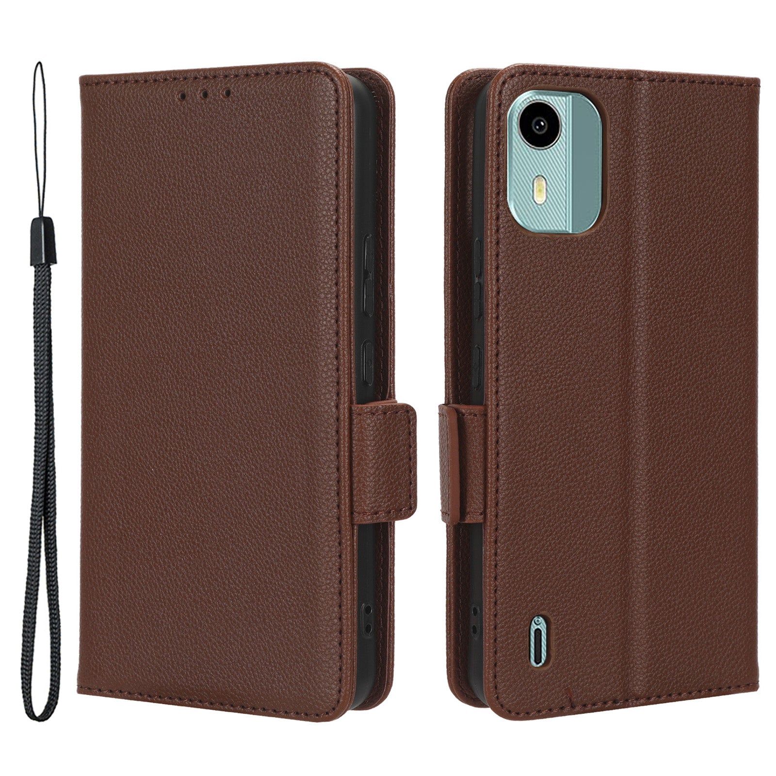 Wallet Case for Nokia C12 4G / C12 Pro / C12 Plus PU Leather Litchi Texture Flip Stand Phone Cover with Strap