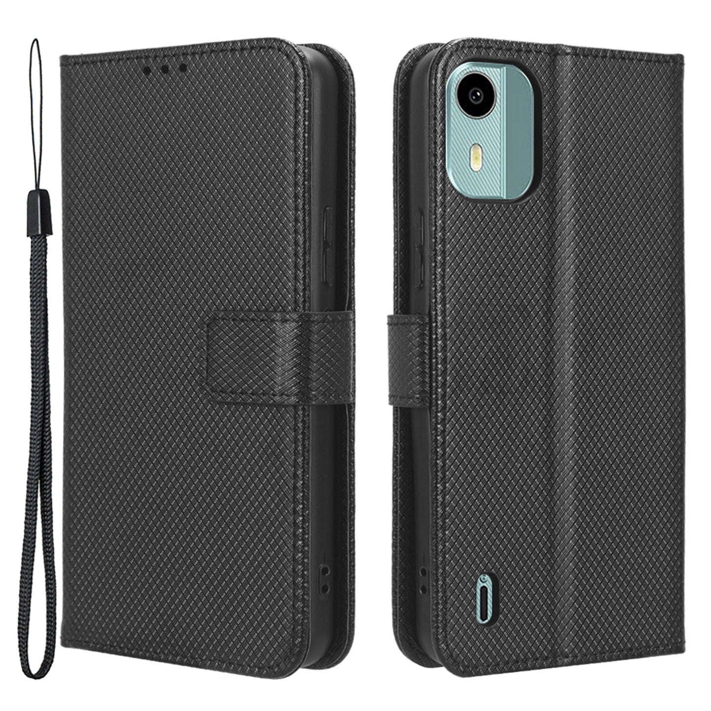 For Nokia C12 4G / C12 Pro / C12 Plus PU Leather+TPU Cell Phone Cover Diamond Texture Stand Wallet Flip Case