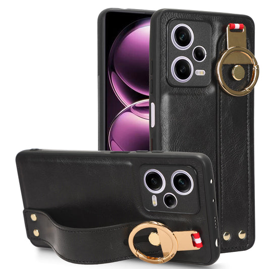 For Xiaomi Redmi Note 12 Pro 5G Wristband Kickstand PU Leather Coated PC+TPU Phone Case with Neck Strap
