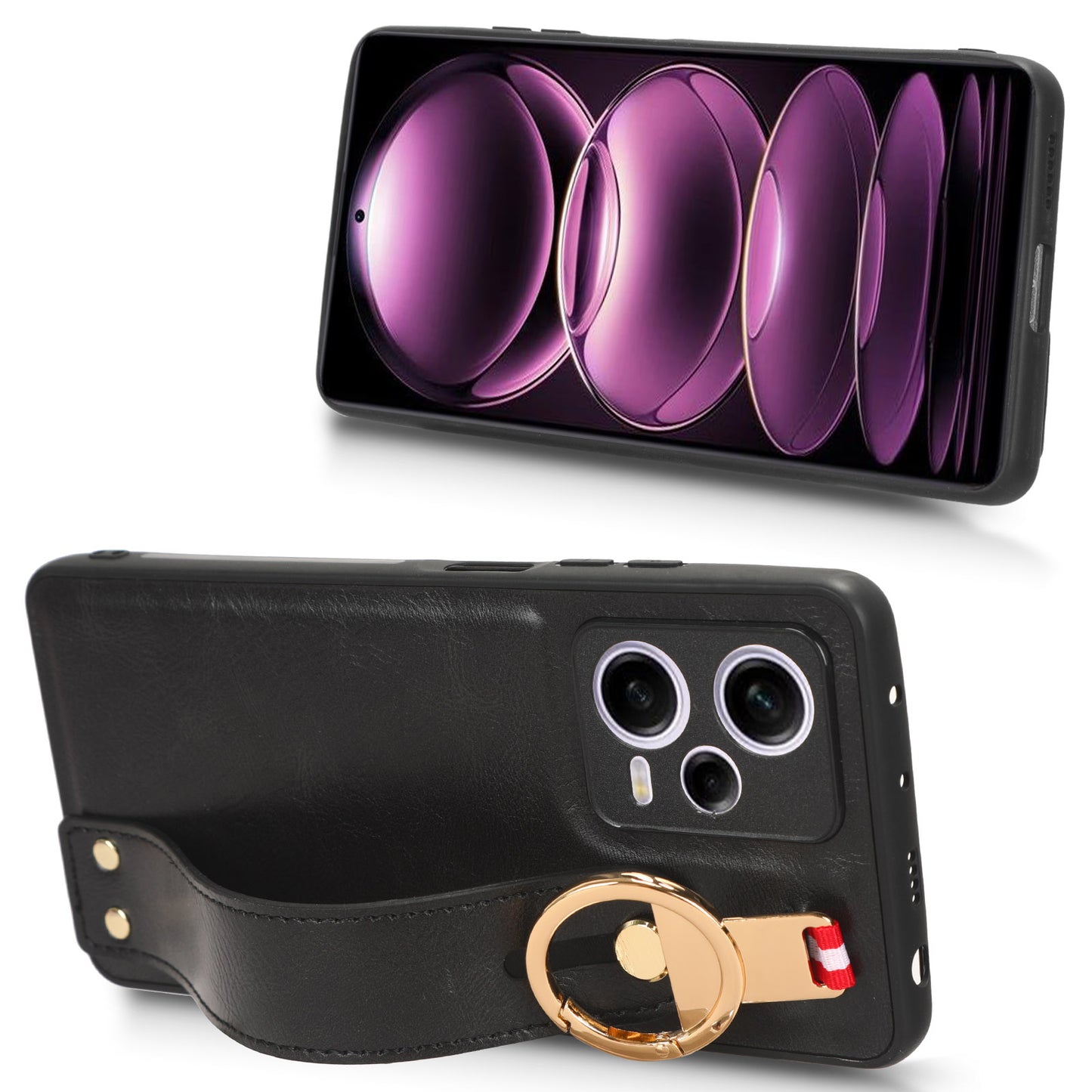 For Xiaomi Redmi Note 12 Pro 5G Wristband Kickstand PU Leather Coated PC+TPU Phone Case with Neck Strap