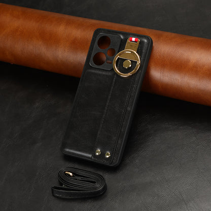 For Xiaomi Redmi Note 12 Pro 5G Wristband Kickstand PU Leather Coated PC+TPU Phone Case with Neck Strap