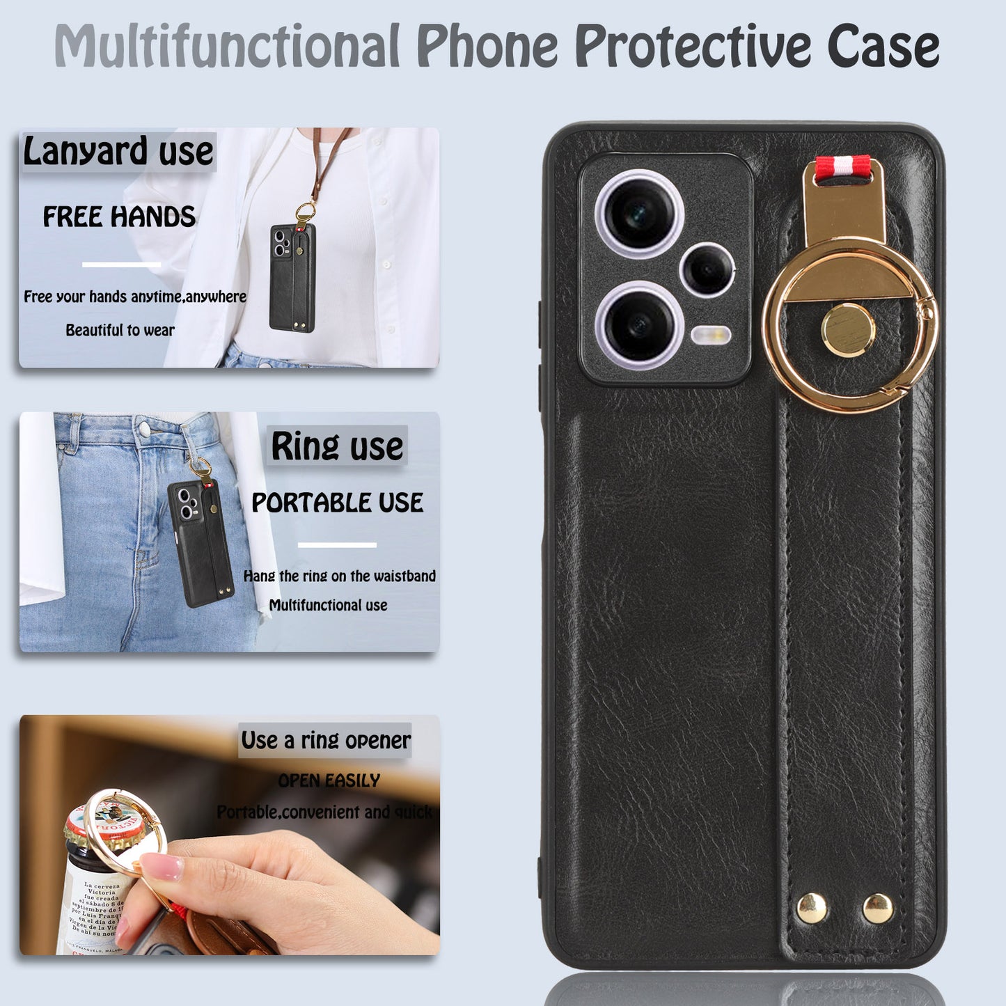 For Xiaomi Redmi Note 12 Pro 5G Wristband Kickstand PU Leather Coated PC+TPU Phone Case with Neck Strap