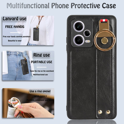 For Xiaomi Redmi Note 12 Pro 5G Wristband Kickstand PU Leather Coated PC+TPU Phone Case with Neck Strap