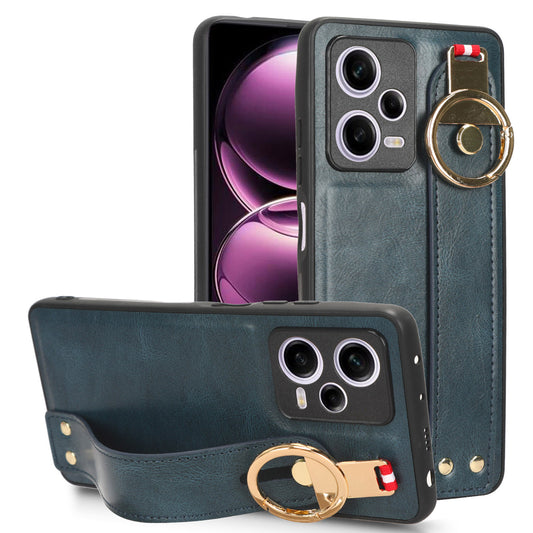 For Xiaomi Redmi Note 12 Pro 5G Wristband Kickstand PU Leather Coated PC+TPU Phone Case with Neck Strap