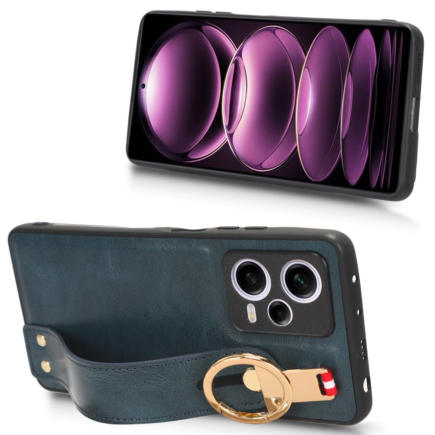 For Xiaomi Redmi Note 12 Pro 5G Wristband Kickstand PU Leather Coated PC+TPU Phone Case with Neck Strap