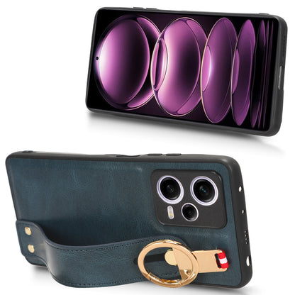 For Xiaomi Redmi Note 12 Pro 5G Wristband Kickstand PU Leather Coated PC+TPU Phone Case with Neck Strap