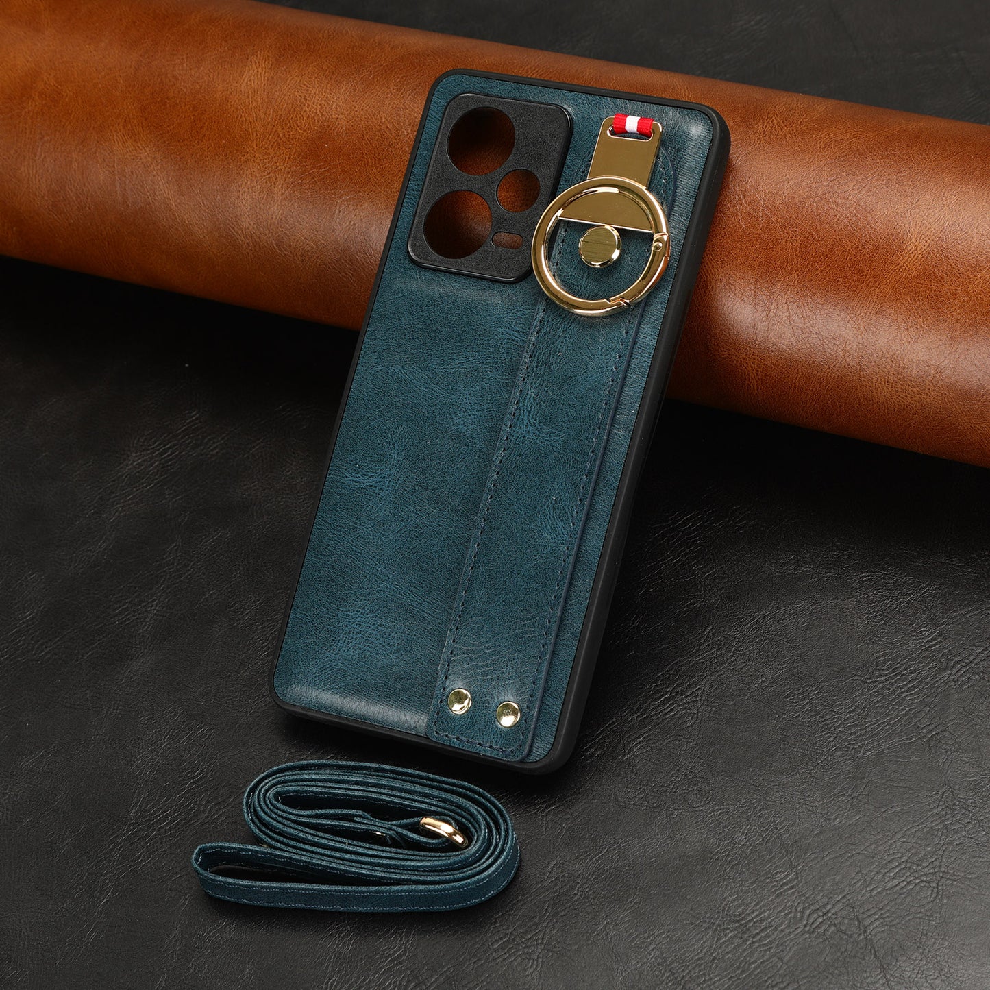 For Xiaomi Redmi Note 12 Pro 5G Wristband Kickstand PU Leather Coated PC+TPU Phone Case with Neck Strap