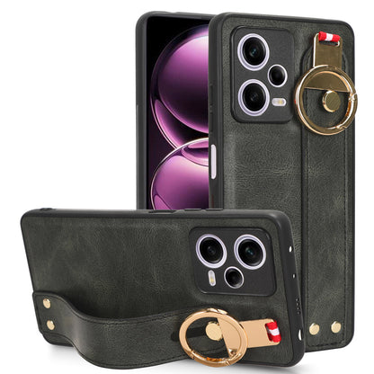For Xiaomi Redmi Note 12 Pro 5G Wristband Kickstand PU Leather Coated PC+TPU Phone Case with Neck Strap
