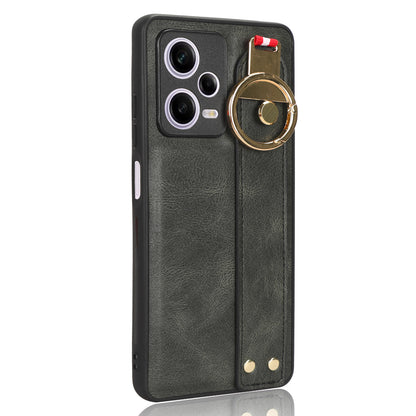 For Xiaomi Redmi Note 12 Pro 5G Wristband Kickstand PU Leather Coated PC+TPU Phone Case with Neck Strap