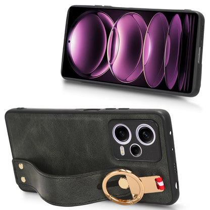 For Xiaomi Redmi Note 12 Pro 5G Wristband Kickstand PU Leather Coated PC+TPU Phone Case with Neck Strap