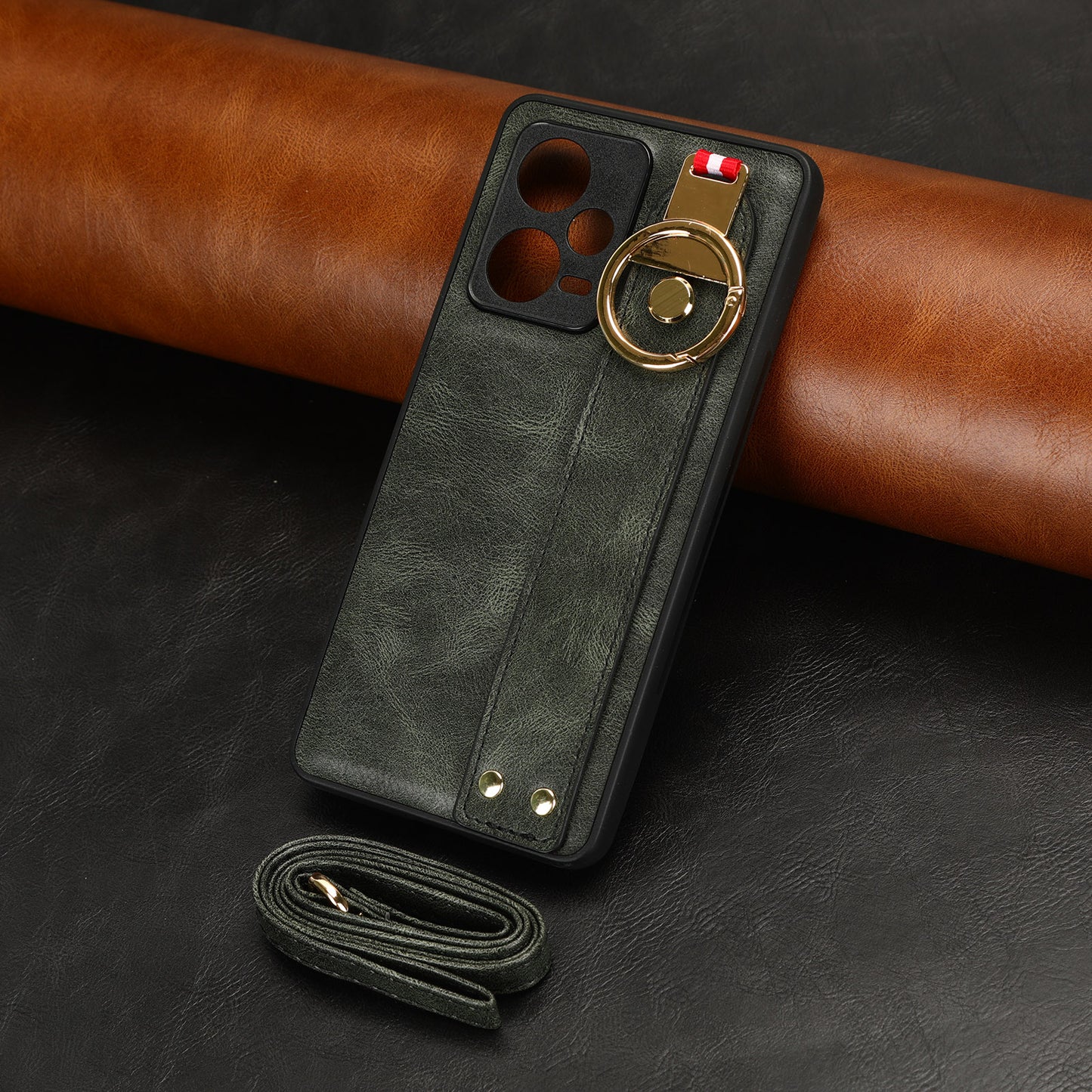 For Xiaomi Redmi Note 12 Pro 5G Wristband Kickstand PU Leather Coated PC+TPU Phone Case with Neck Strap