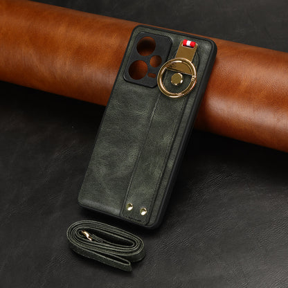 For Xiaomi Redmi Note 12 Pro 5G Wristband Kickstand PU Leather Coated PC+TPU Phone Case with Neck Strap